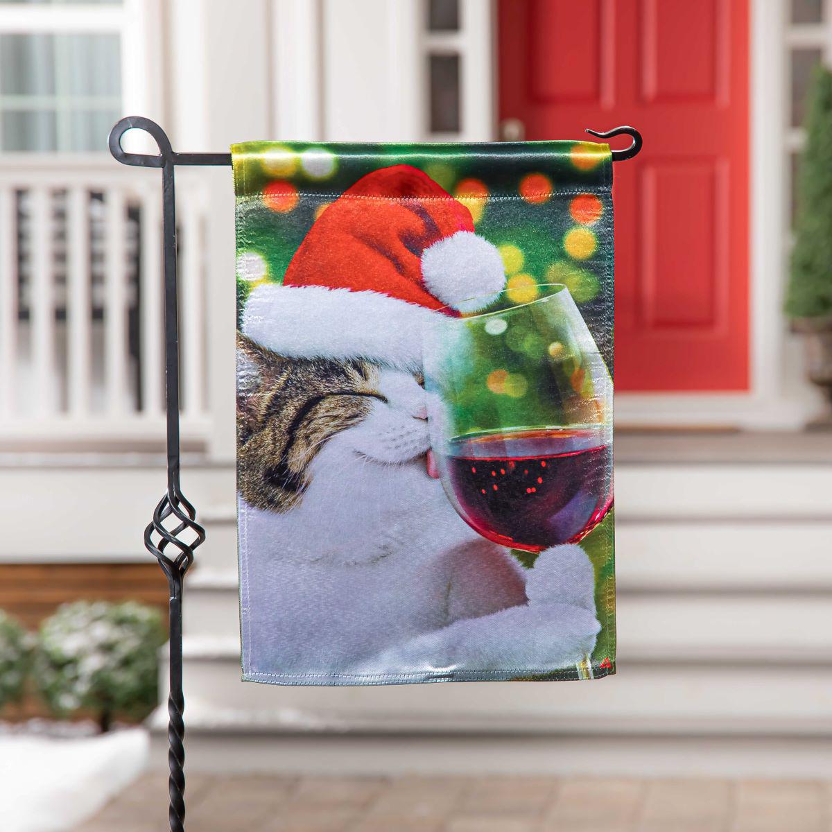 Christmas Cat with Wine Lustre Garden Flag-Garden Flag-Fly Me Flag