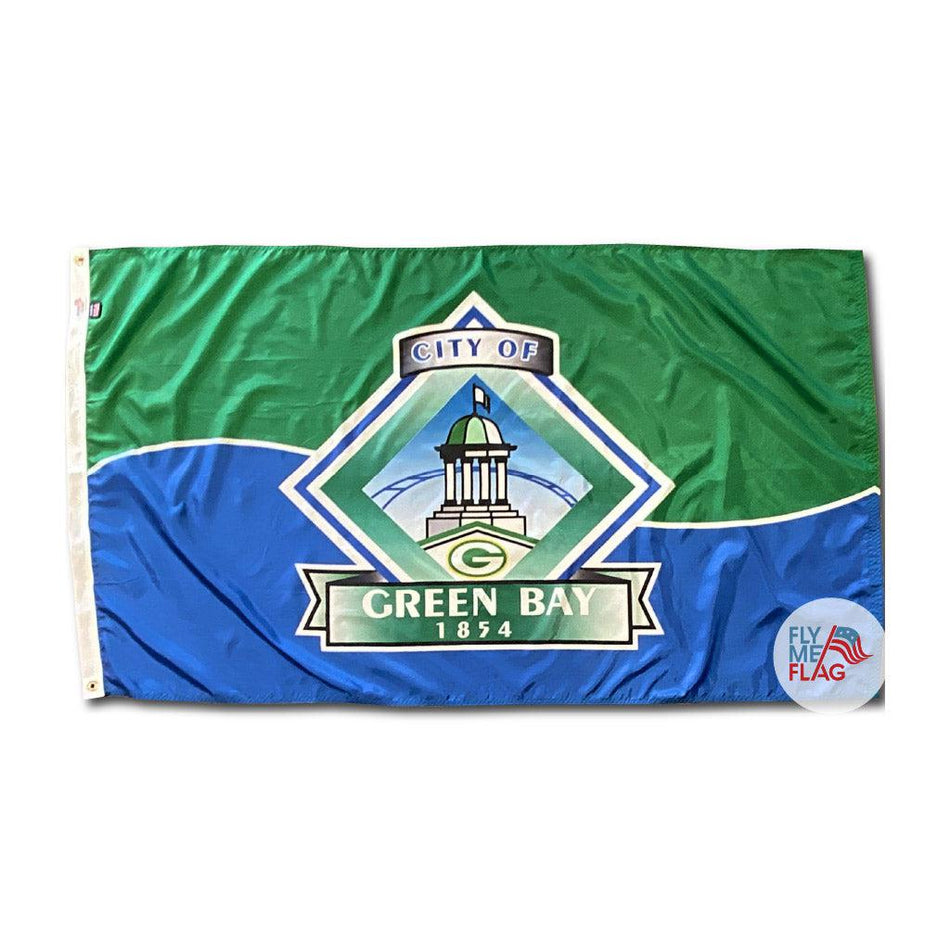 Image features a green and blue background with the Green Bay city logo in the center.