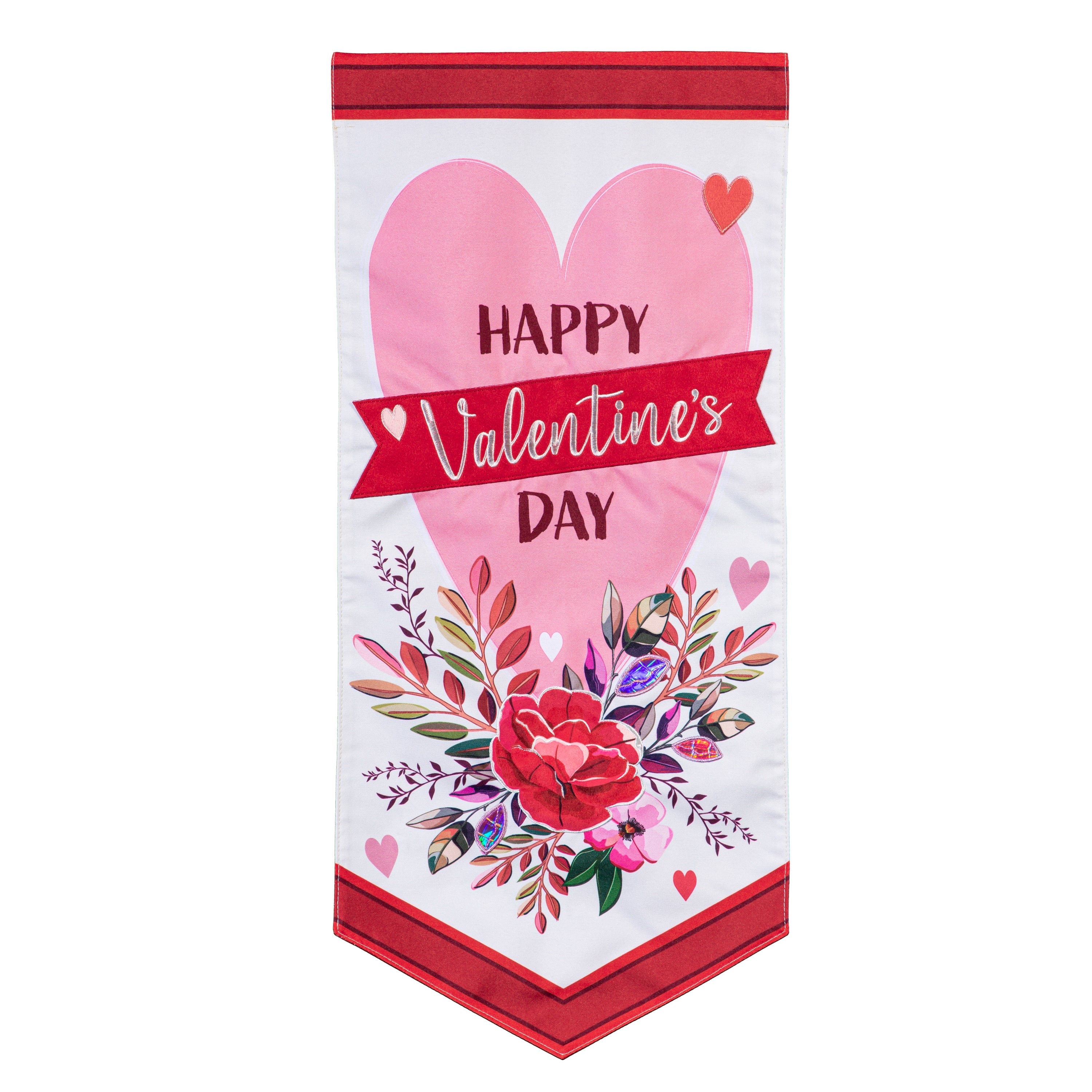 Happy Valentine's Day Heart and Floral Textile Décor Flag