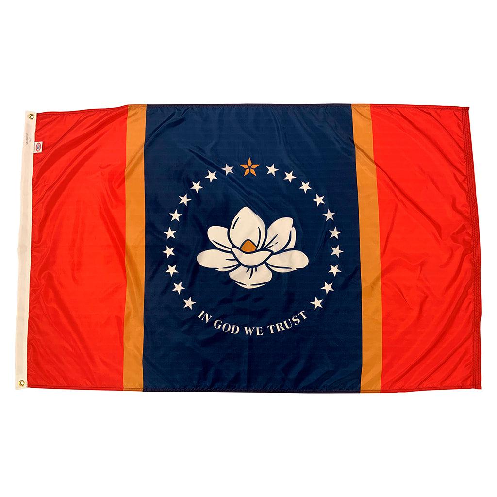 Long-lasting outdoor State of Mississippi Flags available in 1x1.5, 2x3, 3x5, 4x6, 5x8, 6x10, 8x12, and 10x15 sizes