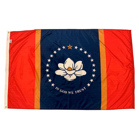 Long-lasting outdoor State of Mississippi Flags available in 1x1.5, 2x3, 3x5, 4x6, 5x8, 6x10, 8x12, and 10x15 sizes