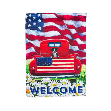 The Patriotic Pup Truck garden flag features a dog sitting in the back of a red pick-up truck with an American flag background and the word "Welcome" across the bottom of the flag.