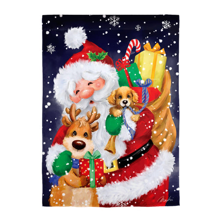 Santa, Reindeer and Puppy Garden Flag