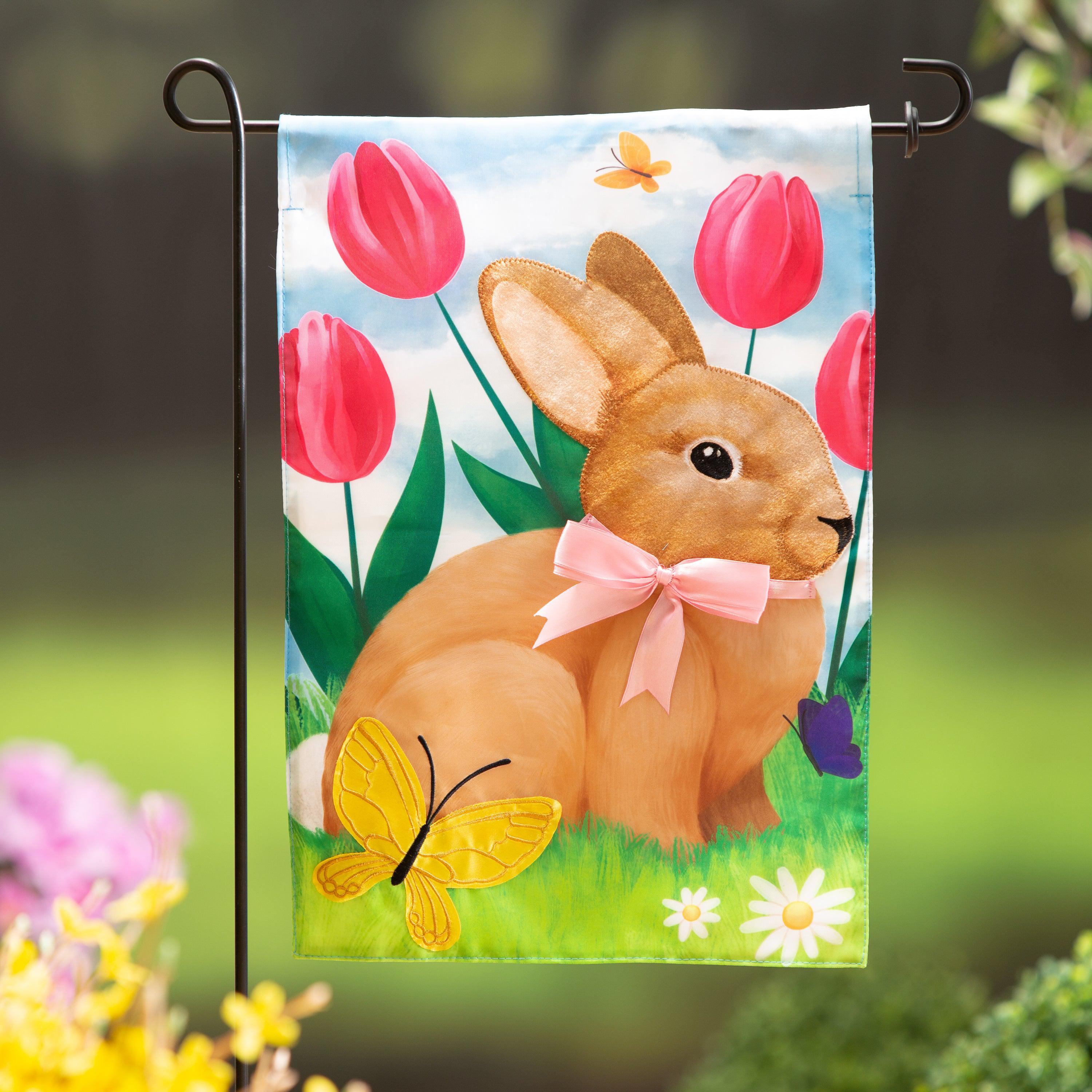 Tulips and Bunny Friend Applique Garden Flag-Garden Flag-Fly Me Flag