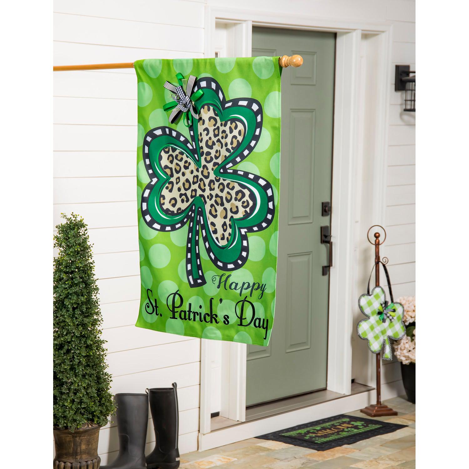 Animal Print Shamrock House Burlap Flag