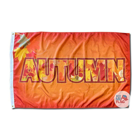 Welcome the Fall season with this 3' x 5' Flag, featuring colorful leaves and the word "Autumn" on a bright orange shaded background.