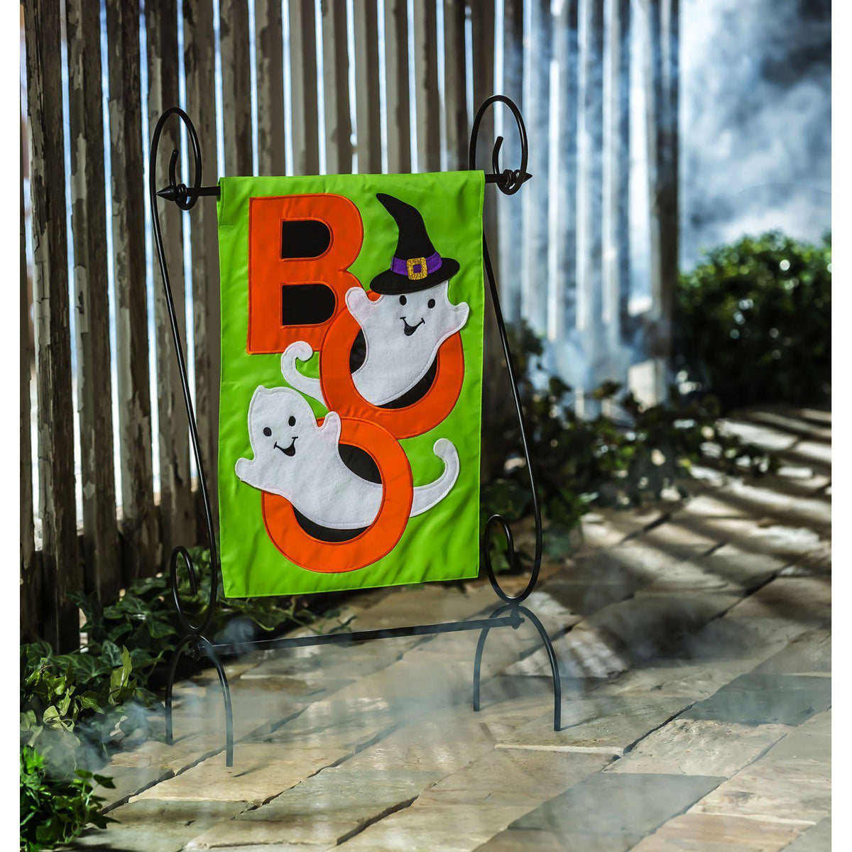 The BOO Ghosts garden flag features two cute ghosts popping through the O's of the word "BOO". 