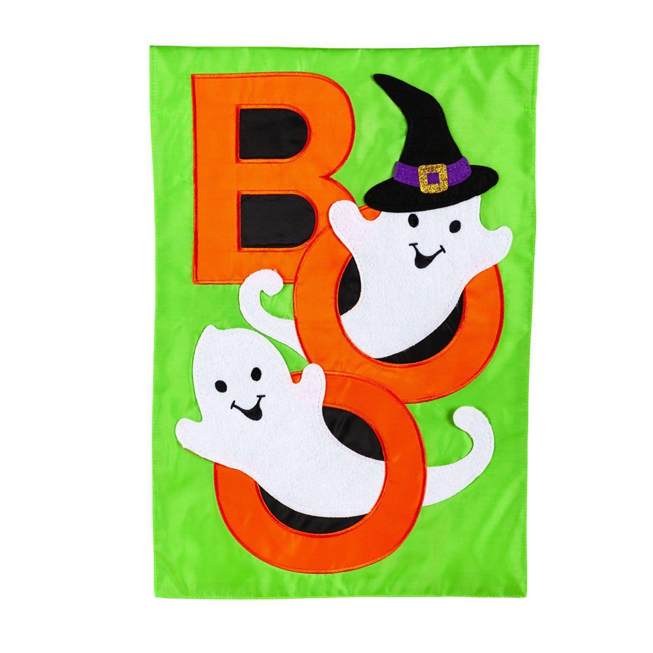 The BOO Ghosts garden flag features two cute ghosts popping through the O's of the word "BOO". 