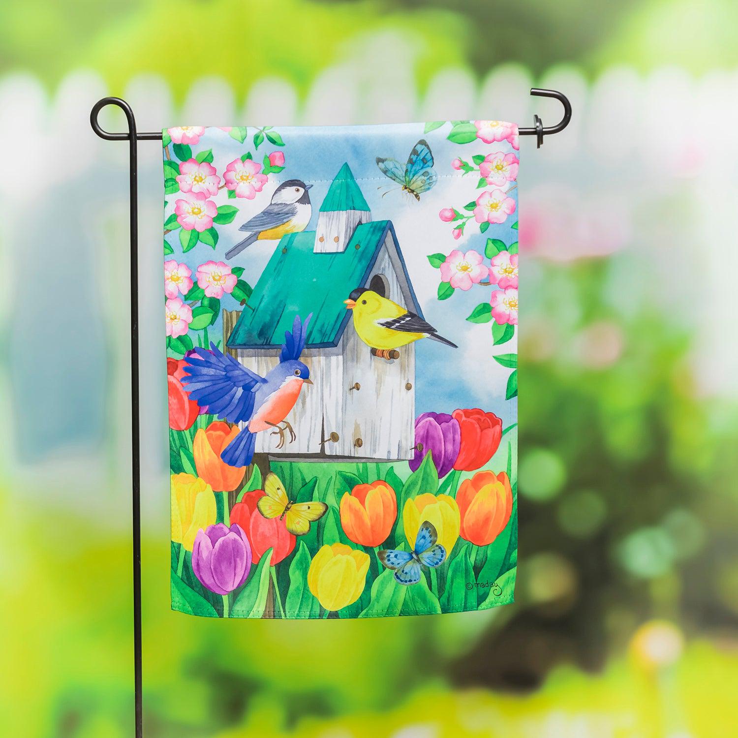 Birdhouse Blooms Garden Flag