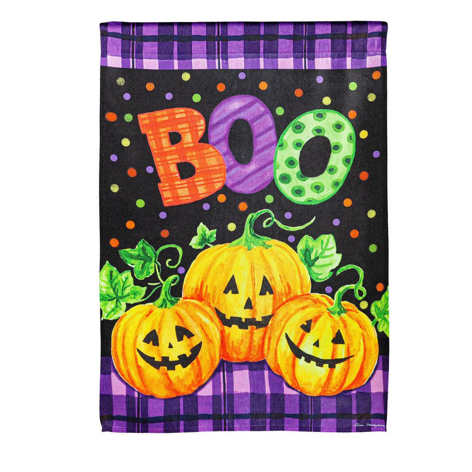 The Boo Jack-O-Lanterns house banner features a trio of smiling jack-o-lanterns over a purple and black checked and dotted background, and the word "BOO". 