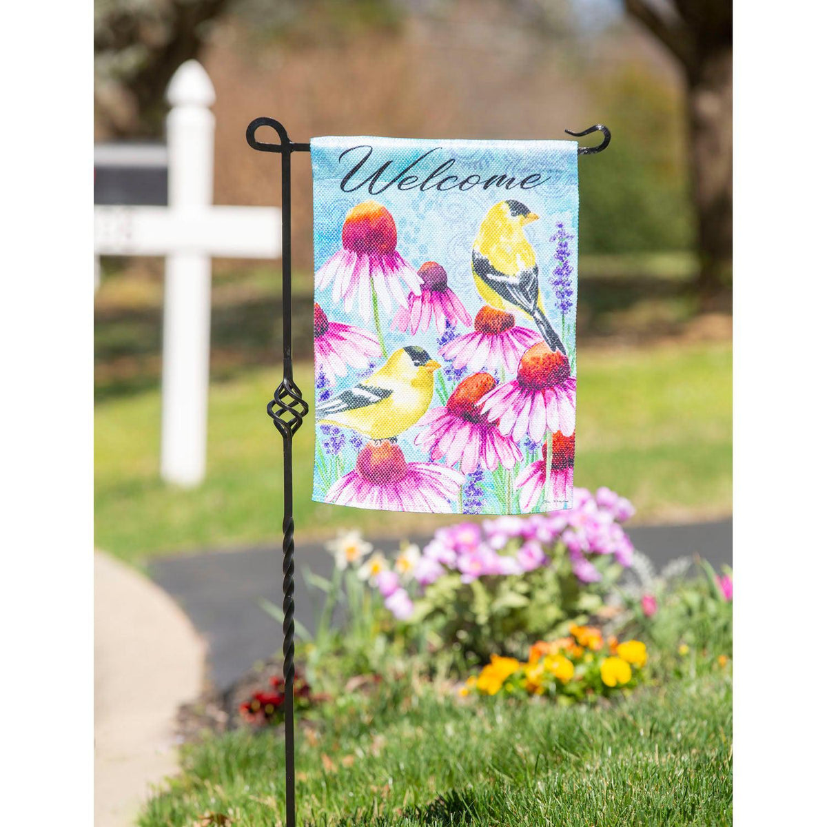 The Bright Flowers and Finches garden flag features bright yellow finches resting among pink coneflowers, and the word "Welcome" across the top.