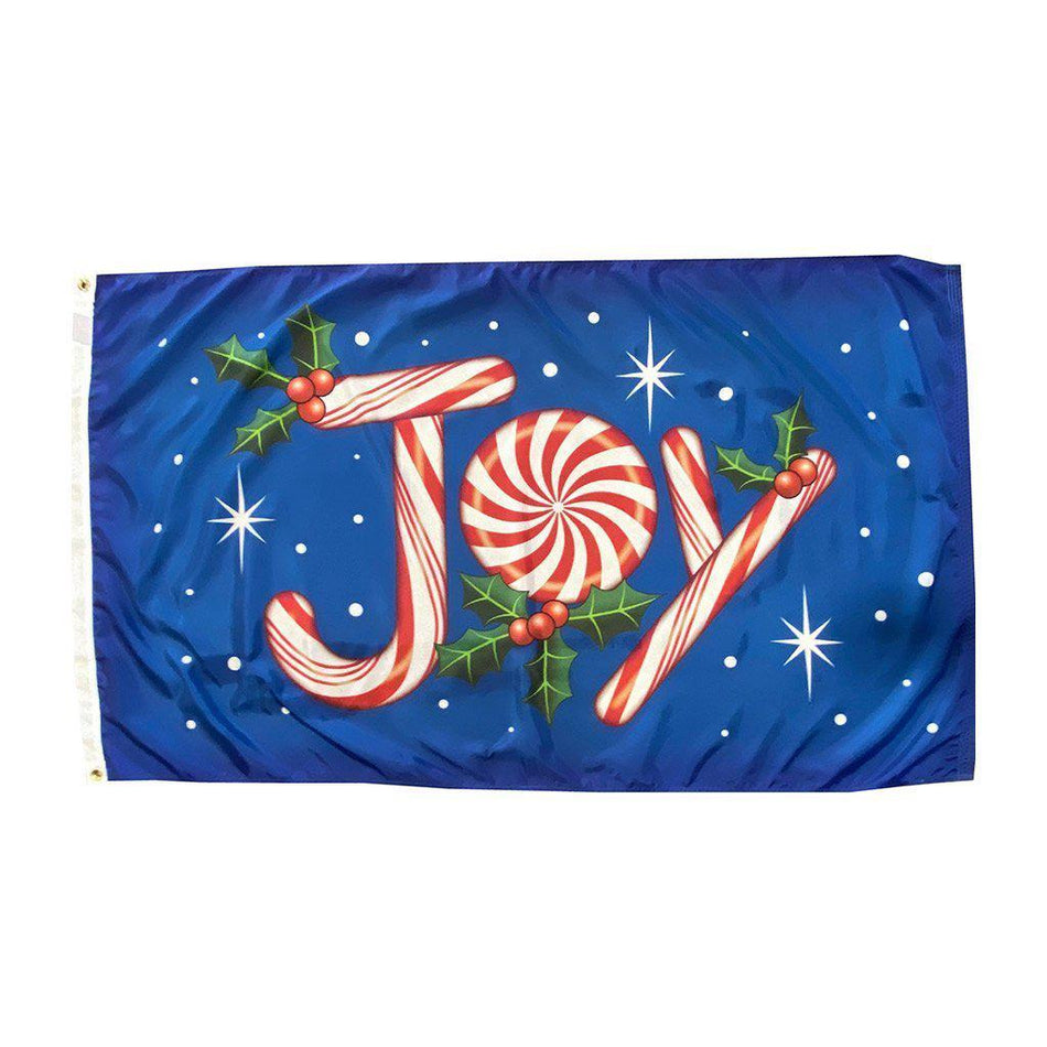 The Christmas Joy 3' x 5' flag features the word "Joy" made out of peppermint candy with holly & berries on a blue background.