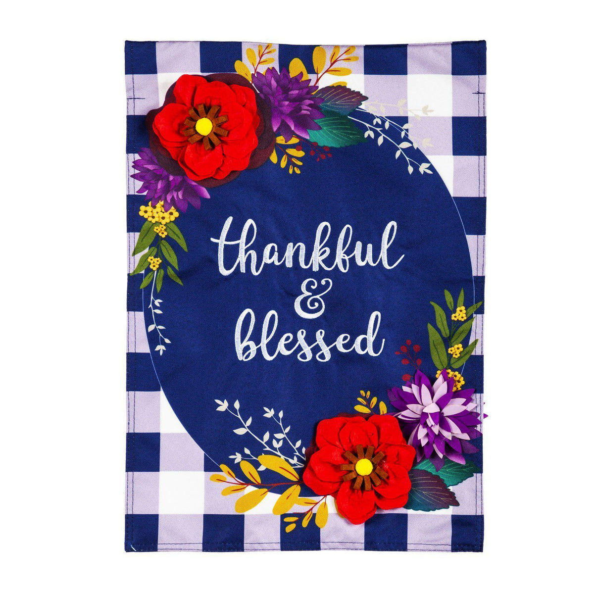 The Fall Floral Check house banner features a red floral and navy checked background with the words "Thankful and Blessed". 