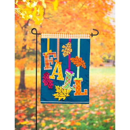 The Falling Leaves garden flag features the word "Fall" and autumn leaves dangling from ribbons. All have bright fall colors and patterns.