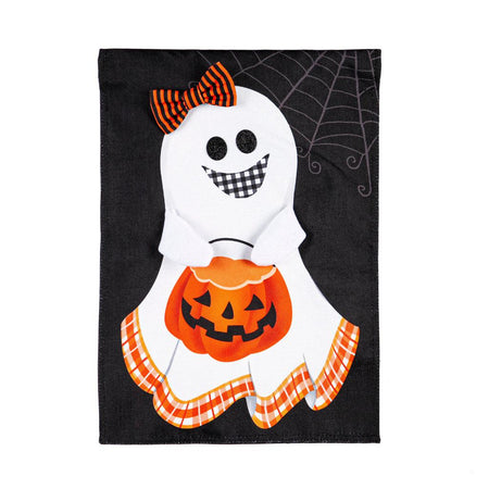 The Girl and Boy Ghost Reversible garden flag features a grinning girl ghost holding a pumpkin basket on the front, and a grinning boy ghost with the word "BOO!" on the back. 