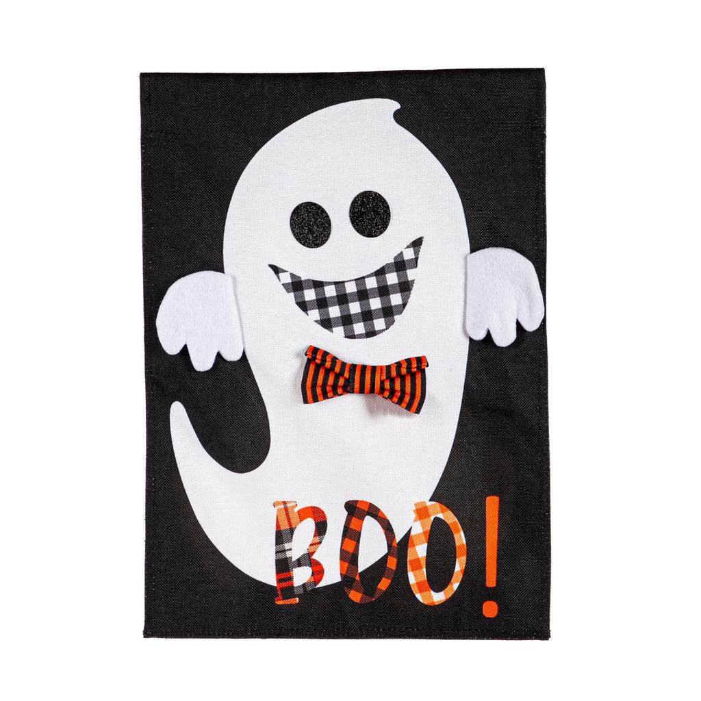 The Girl and Boy Ghost Reversible garden flag features a grinning girl ghost holding a pumpkin basket on the front, and a grinning boy ghost with the word "BOO!" on the back. 