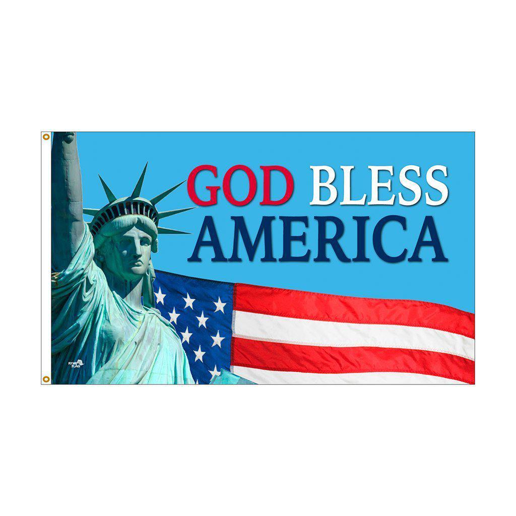 Our God Bless America 3' x 5' Flag features the Statue of Liberty, the American Flag, and "God Bless America" saying. 