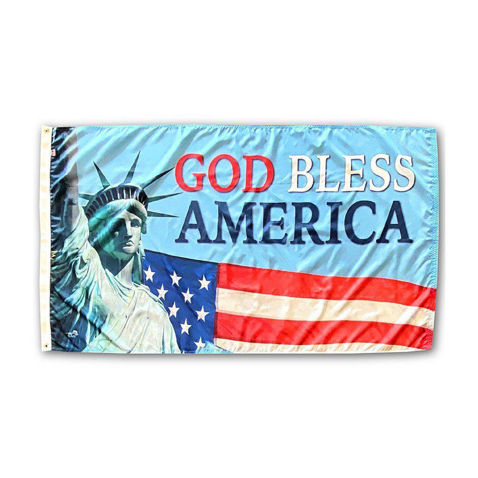 Our God Bless America 3' x 5' Flag features the Statue of Liberty, the American Flag, and "God Bless America" saying. 