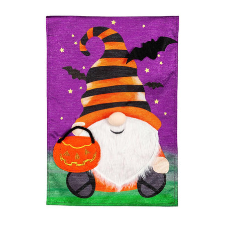 Celebrate the holiday with our Halloween Gnome garden flag, featuring an adorable fuzzy-bearded gnome holding a jack-o-lantern. 