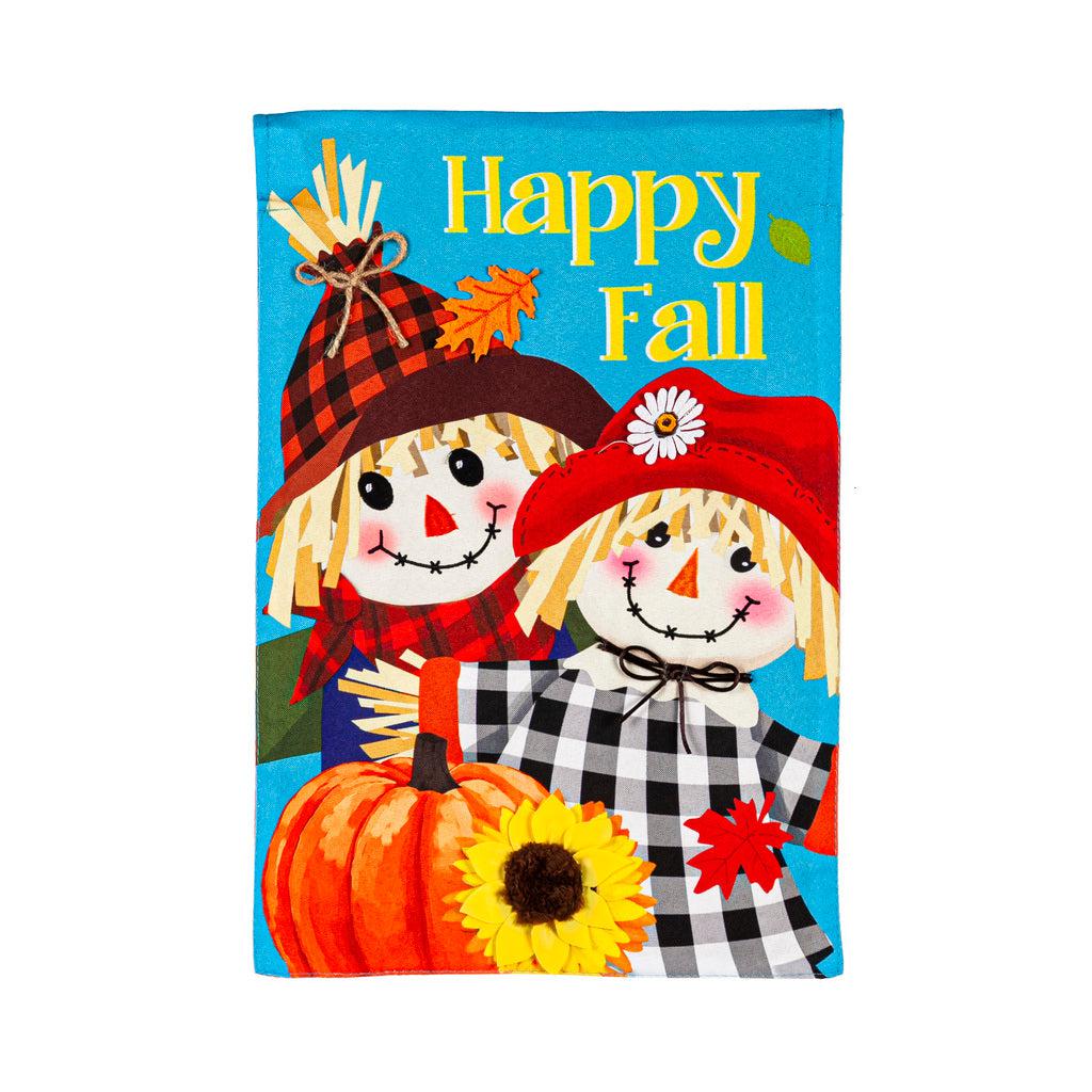 Our Happy Scarecrow Couple garden flag features a pair of smiling scarecrows with a pumpkin and the words "Happy Fall".  