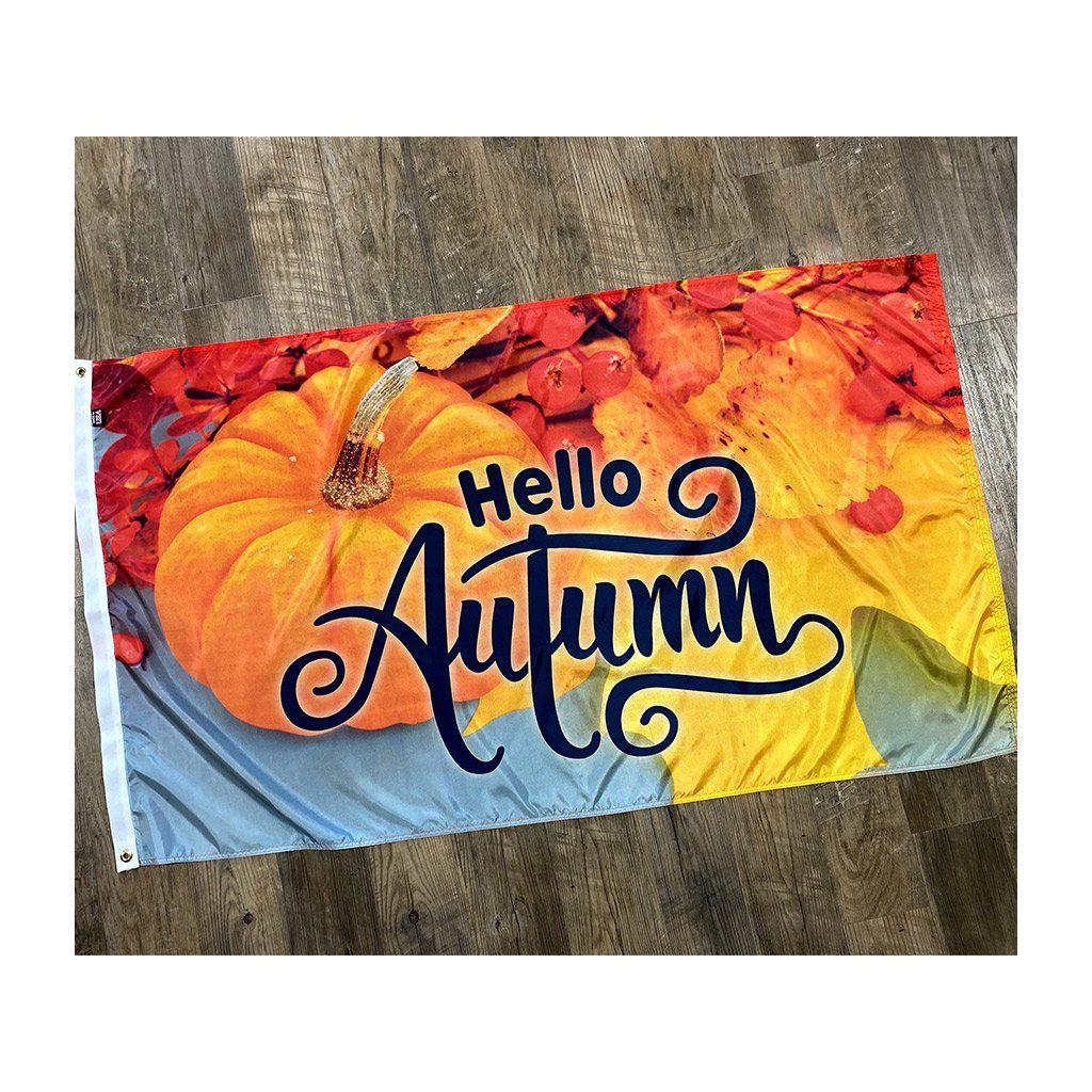 Hello Autumn 3x5 Flag with fall leaves and pumpkin