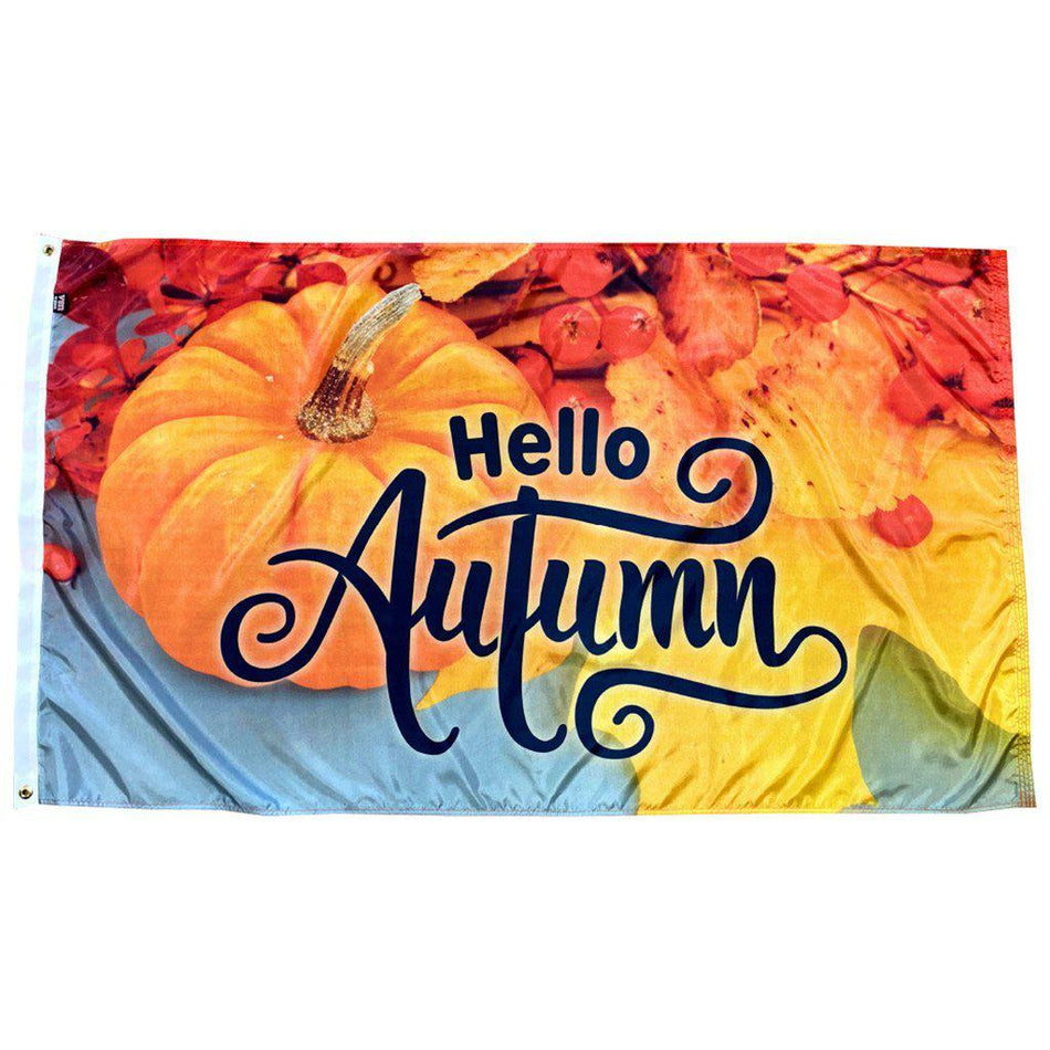 Hello Autumn 3x5 Flag with fall leaves and pumpkin