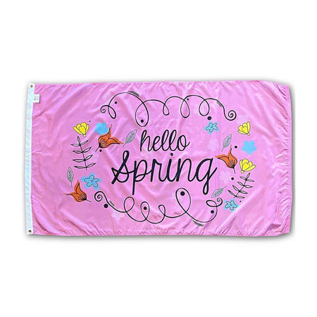 Our Hello Spring 3' x 5' Flag features whimsical flowers and "Hello Spring" message on a pink background. 