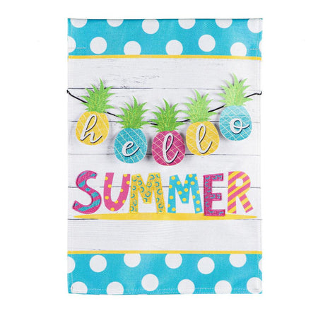 The Hello Summer Pineapple Banner garden flag features a string of brightly colored pineapples over a white background, a blue polka-dotted top and bottom border and the words "Hello Summer". 