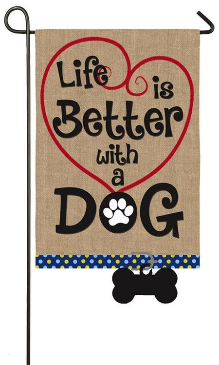 Life is Better With a Dog garden flag features heart, paw print, and dangling dog bone.