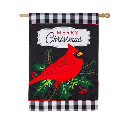 Merry Christmas Cardinal House Banner with appliqué details and plaid design