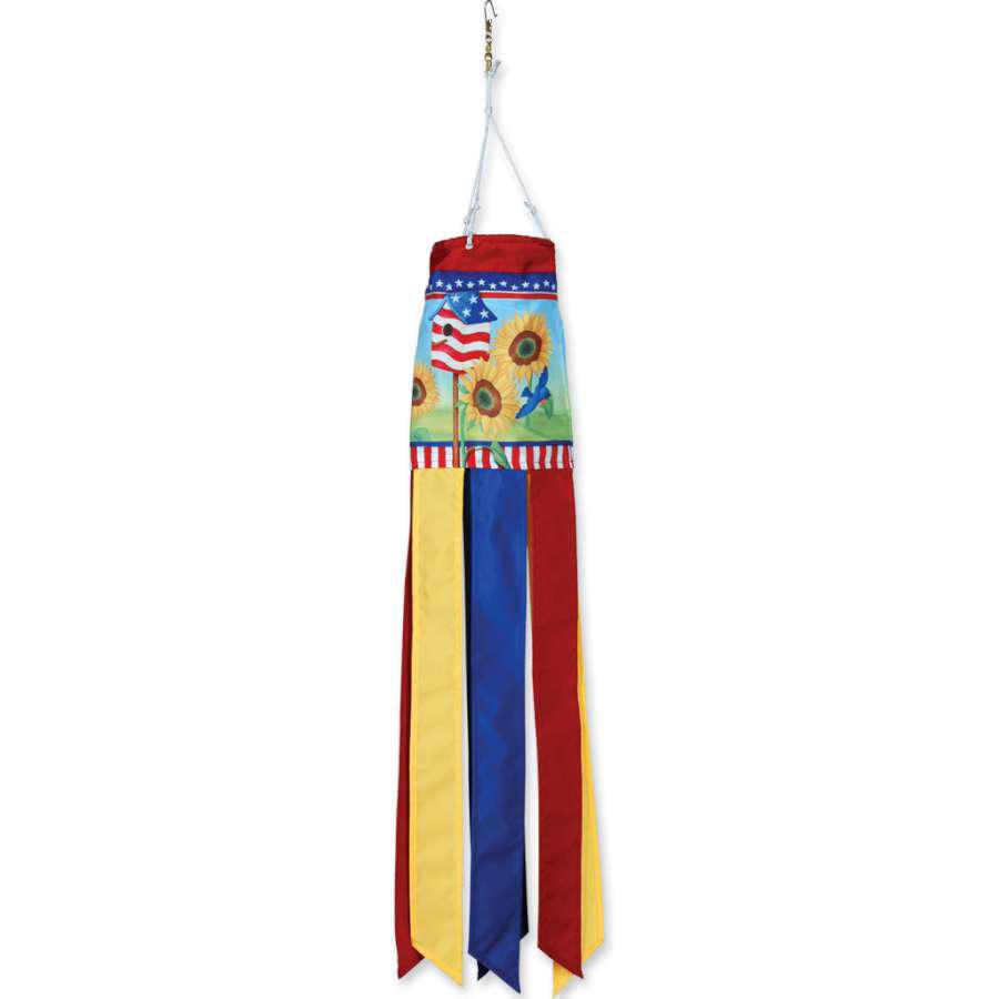 This Patriotic Sunflower windsock is a perfect way to celebrate the USA. Design features a stars and stripes motif with bluebirds and bright yellow sunflowers.