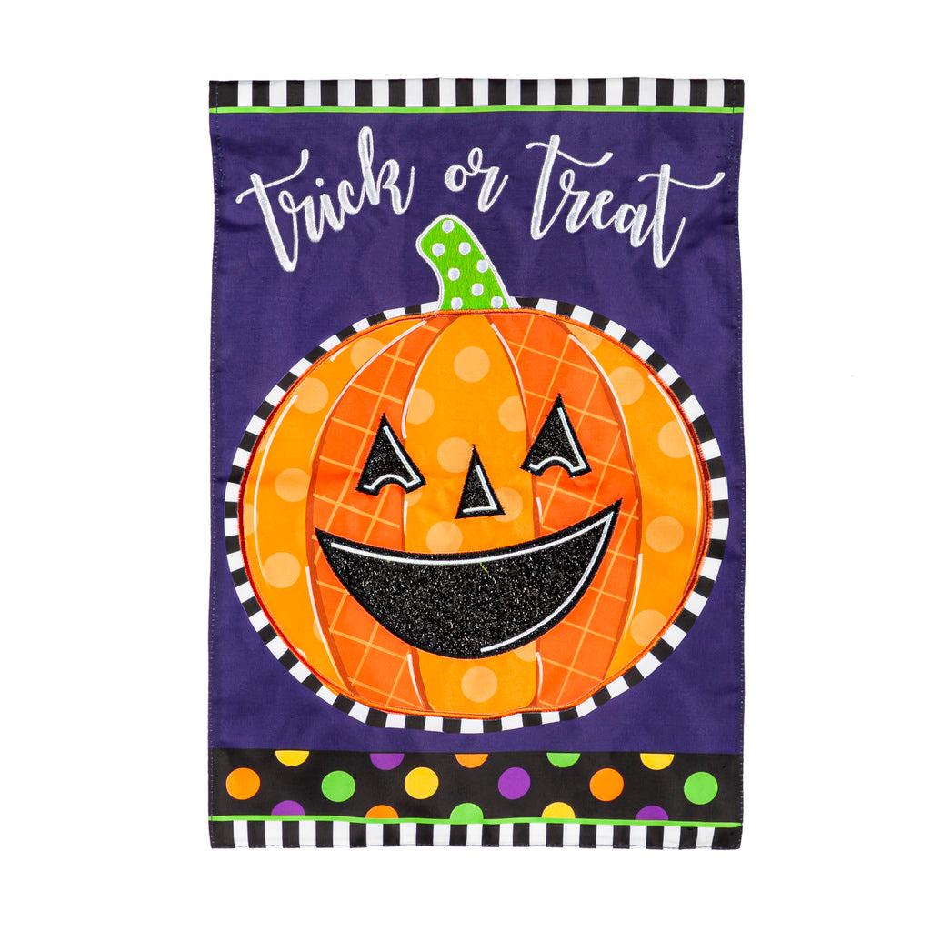 The Patterned Jack-o-Lantern garden flag features a smiling orange patterned jack-o-lantern over a purple background and the words "Trick or Treat". 