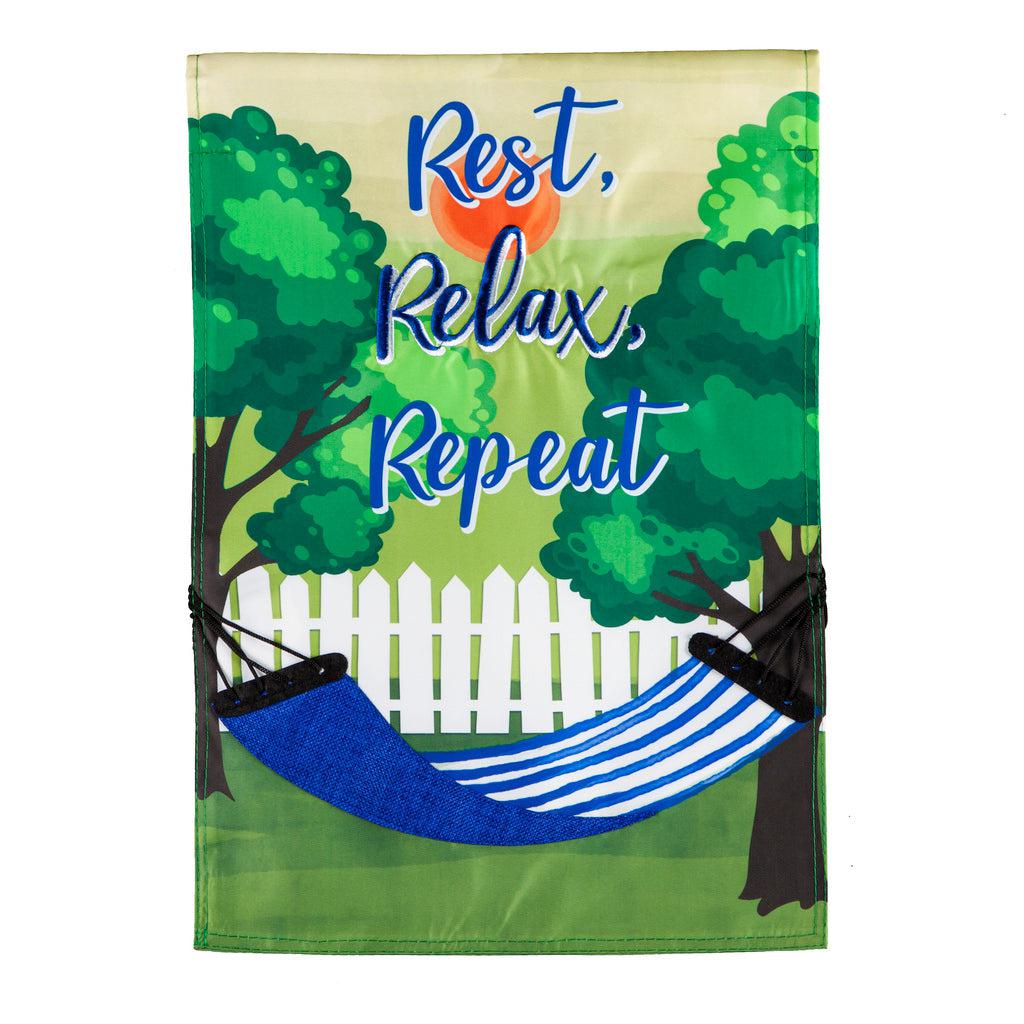 The Rest, Relax, Repeat Hammock garden flag features a blue and white striped hammock strung between two trees and the words "Rest, Relax, Repeat". 