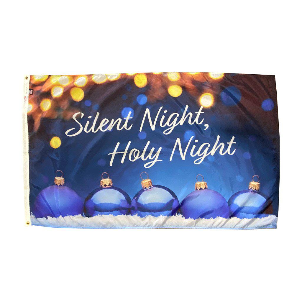 Silent Night 3' x 5' Christmas Flag features blue ornaments, gold lights, and "Silent Night, Holy Night" message.