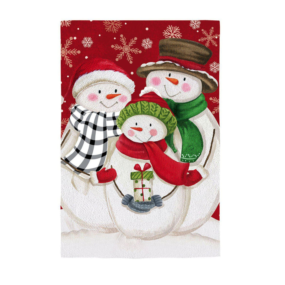 The Snow Family house banner features three happy snowmen wearing scarves and hats with the smallest holding a gift.