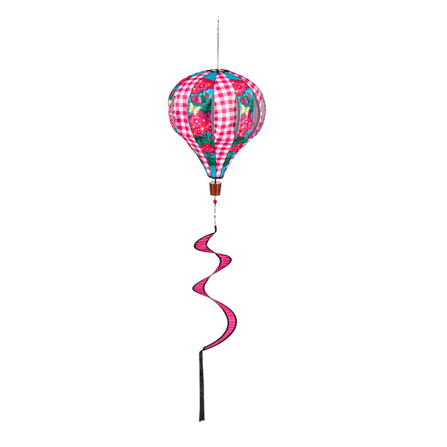 The Spring Geraniums Hanging Hot Air Balloon features alternating panels of bright pink geraniums and pink checks. 