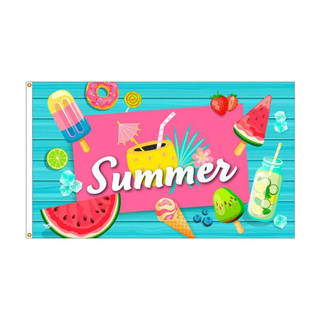 Our Summer Sweets 3' x 5' flag features popsicles, watermelon, ice cream and lemonade along with the word "Summer" on a blue background.