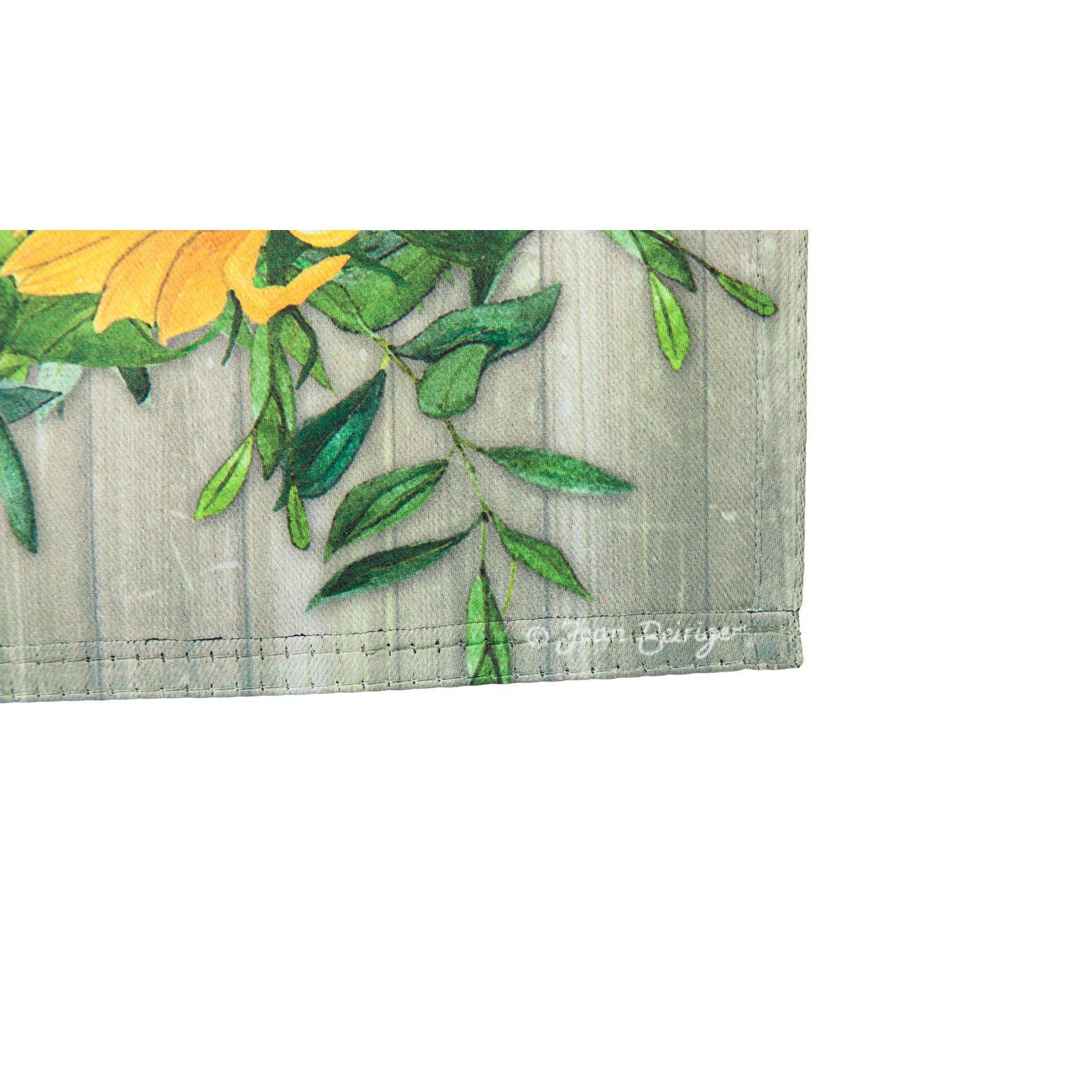 The Sunflower Wreath garden flag features butterflies among a wreath made from sunflowers.