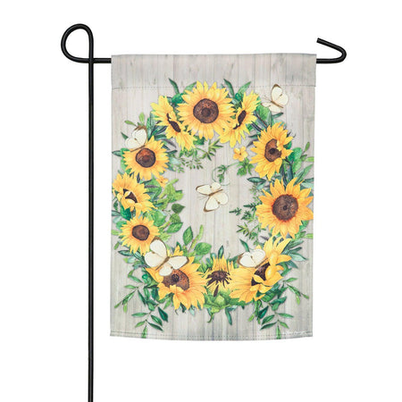 The Sunflower Wreath garden flag features butterflies among a wreath made from sunflowers.