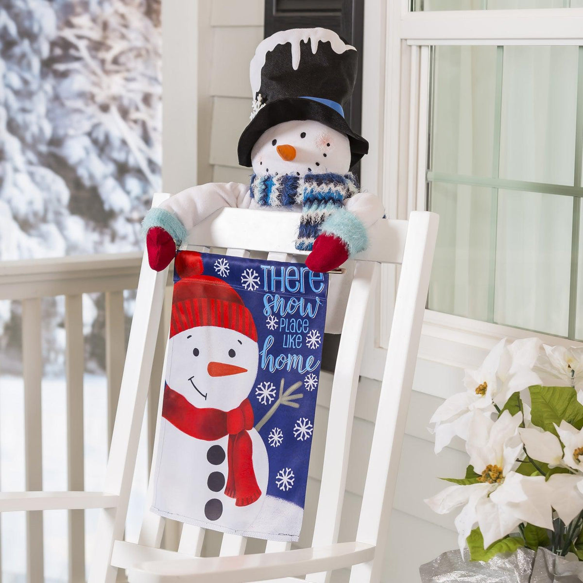 The There's Snow Place Like Home garden flag features a happy snowman with a red hat and scarf.