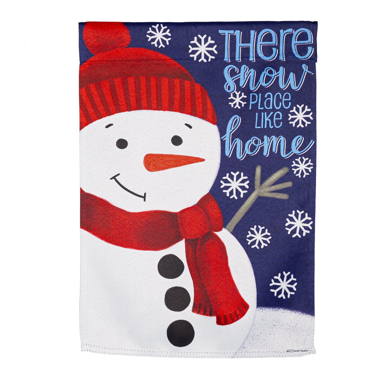 The There's Snow Place Like Home garden flag features a happy snowman with a red hat and scarf.